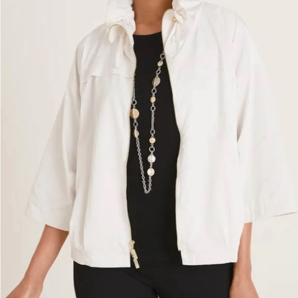 Chico's Travelers Collection Ecru Funnel-Neck 3/4 Sleeve Zip Up Jacket Size 2